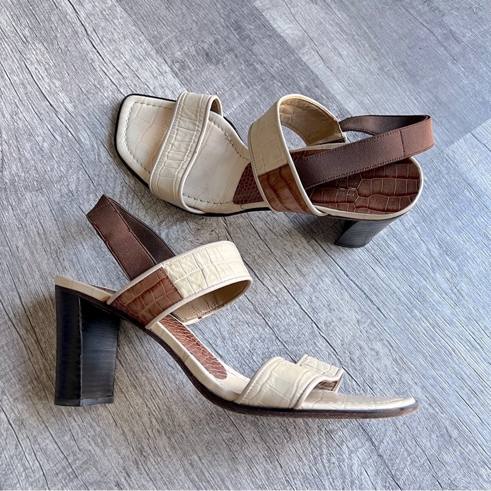 Stuart Weitzman Cream and Brown Croc-Embossed Heels Size 9.5